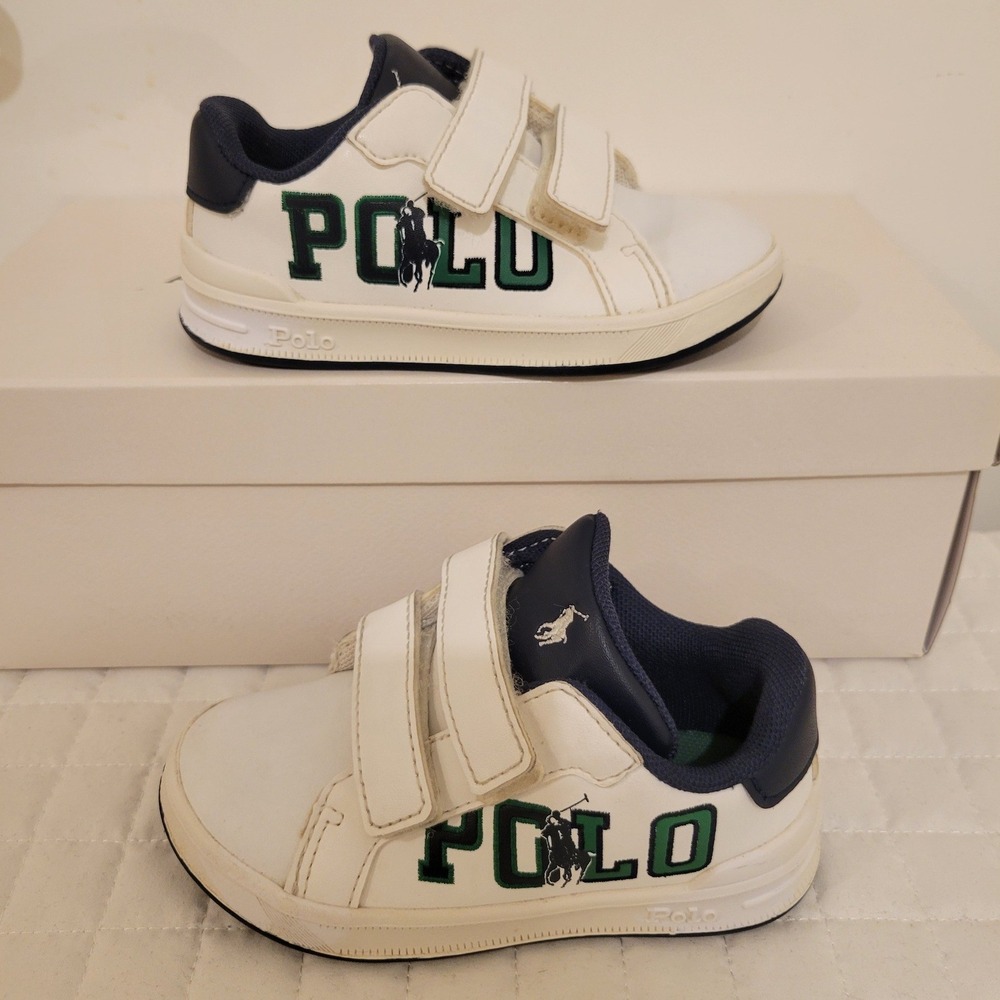 Polo Ralph Lauren Kids Boys 7 White Navy Green Hook and Loop Basketball Sneakers